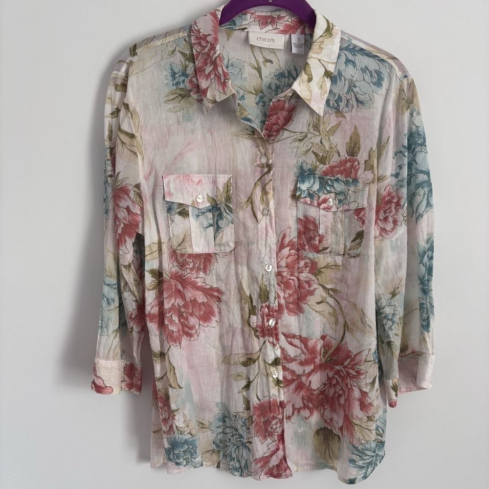 Chico's Floral Button-Up Blouse in Pink, Blue, Olive